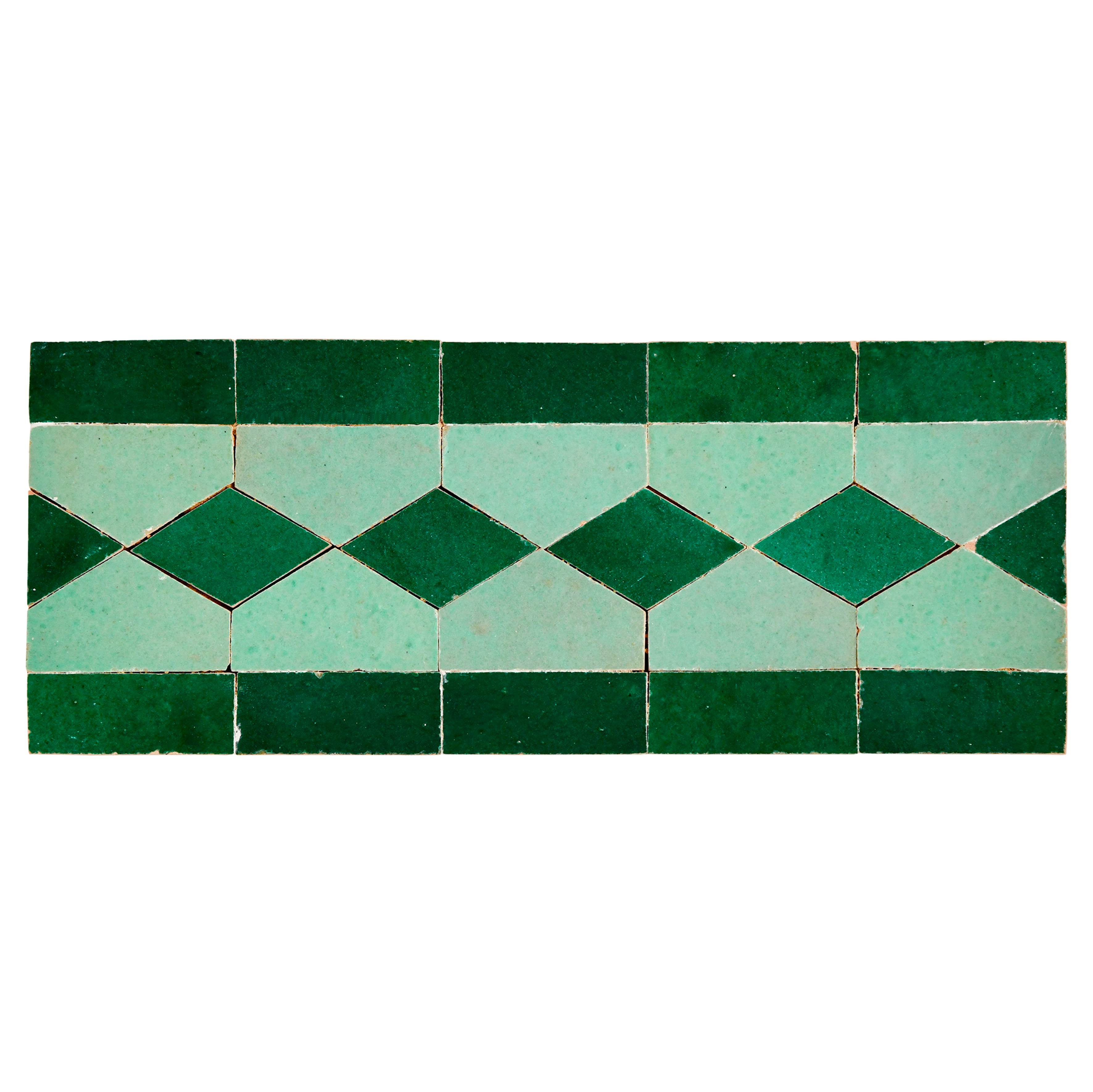 Patterned green and teal tiles on a white background
