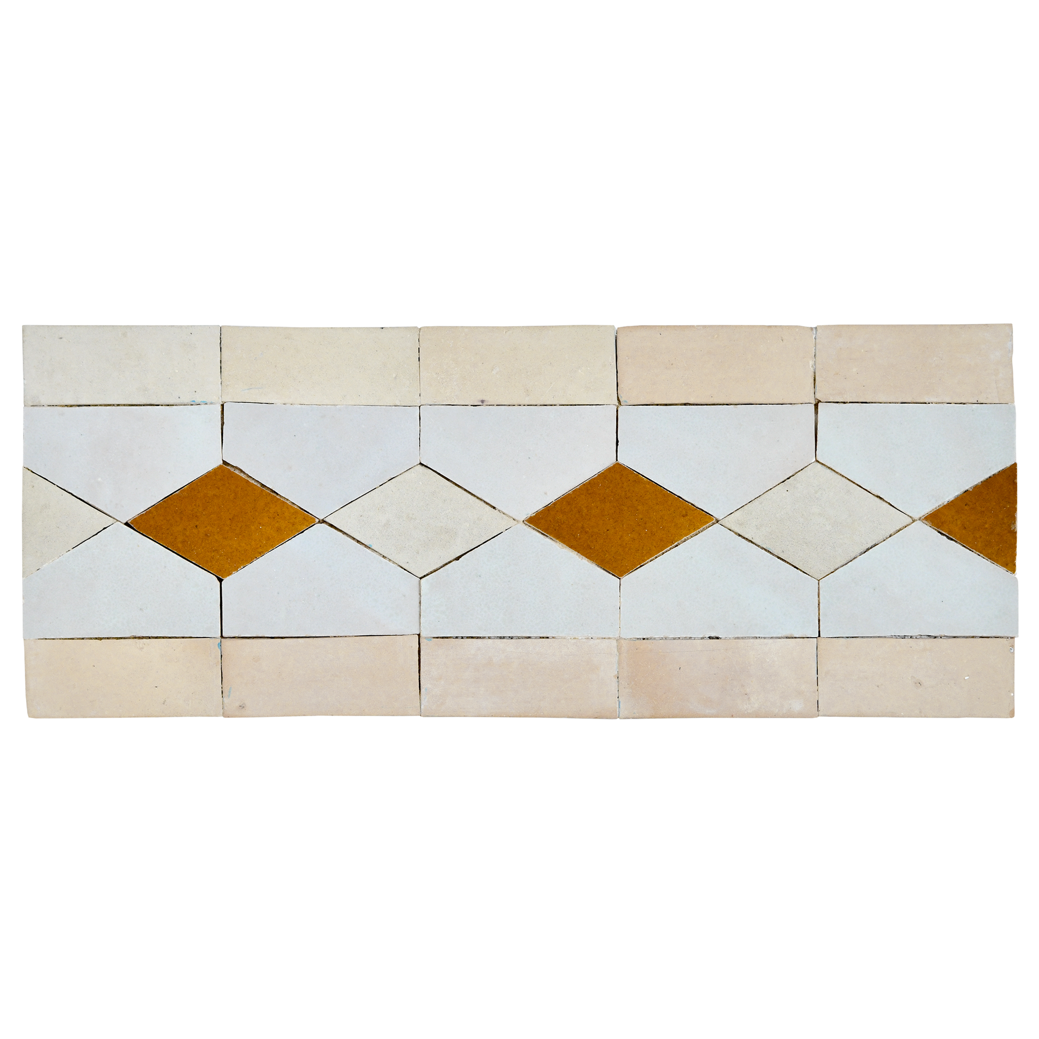 Geometric patterned rug with diamond shapes in brown, beige, and blue on a white background