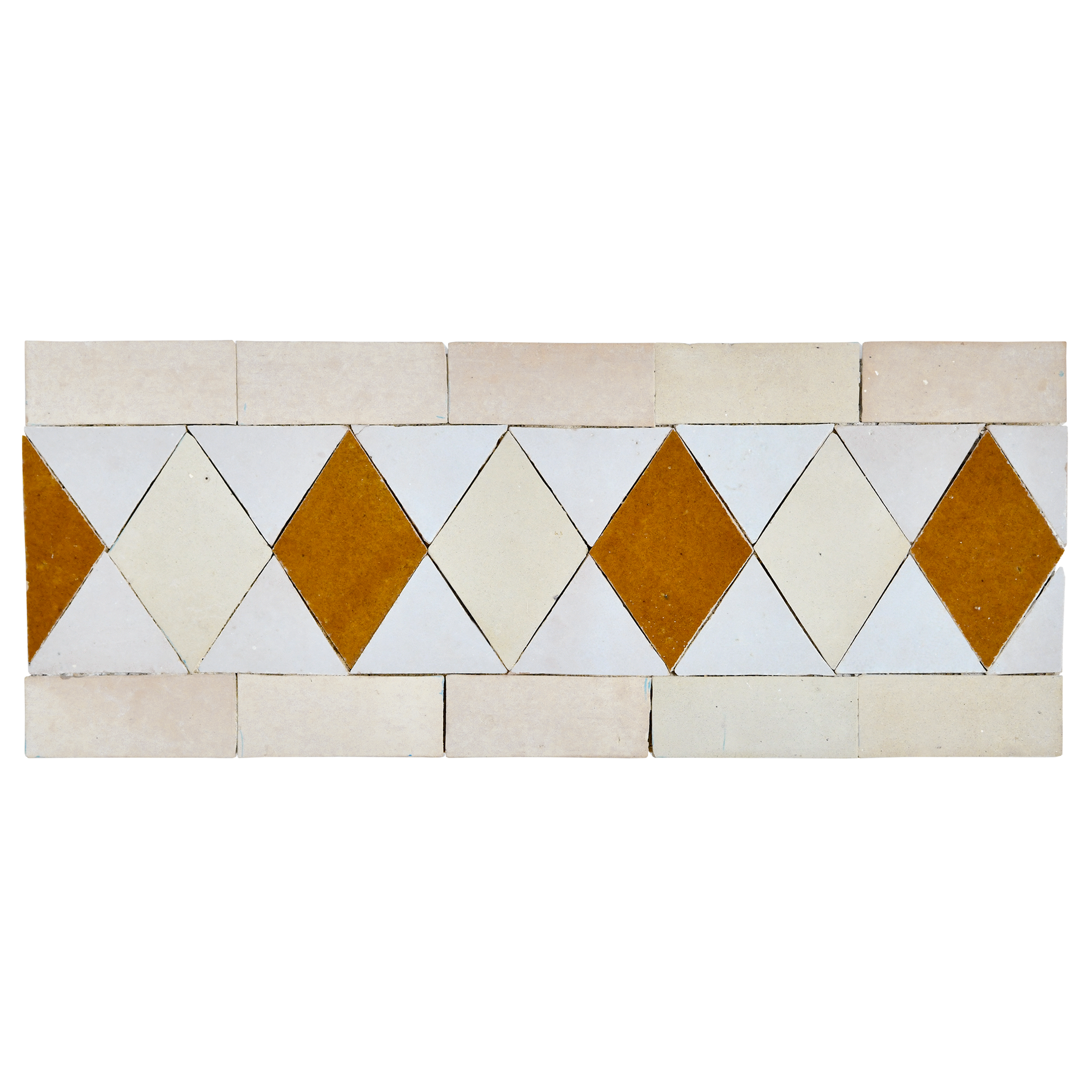 Geometric patterned tile with diamond shapes in brown, white, and beige on a white background