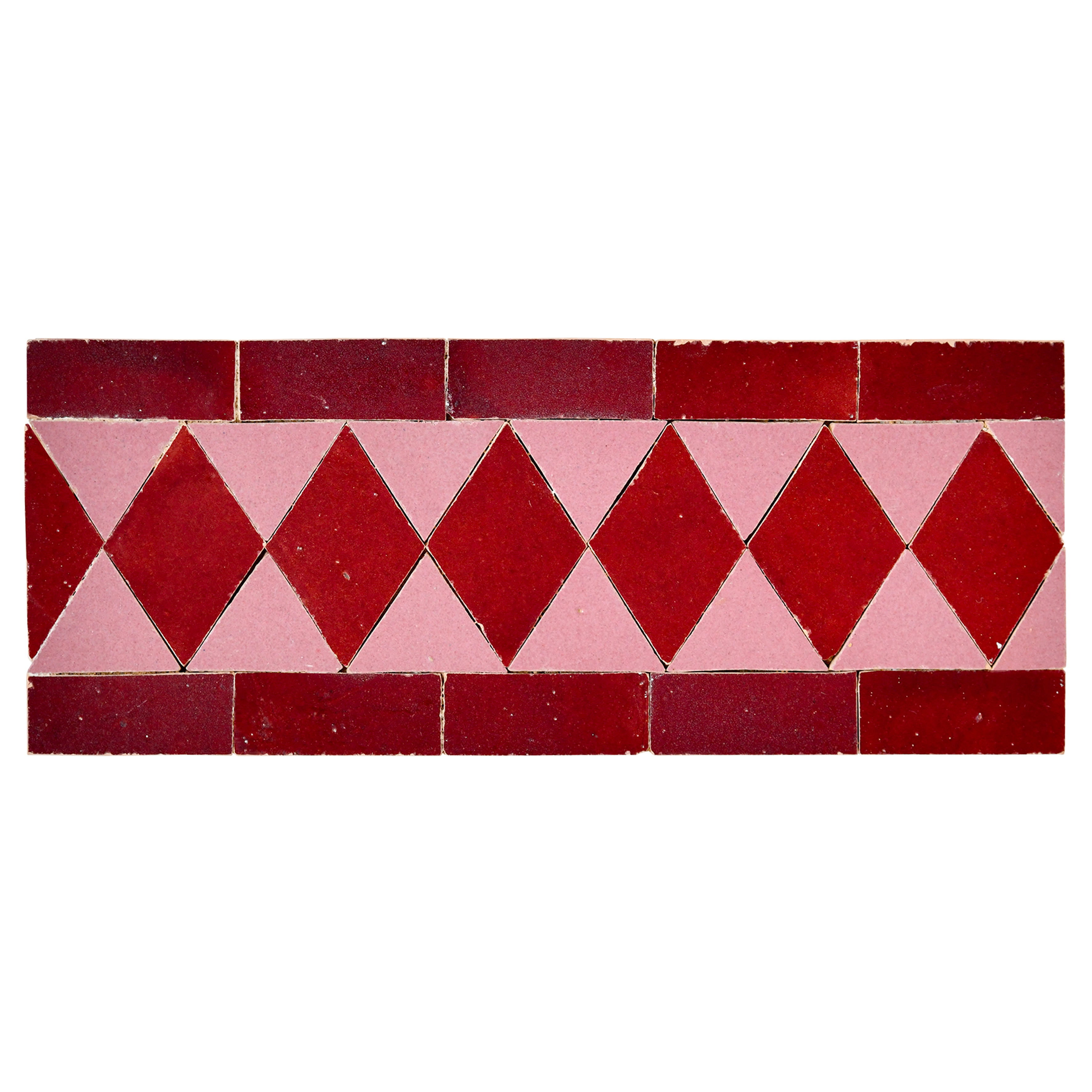 Decorative tile border with red and pink diamond pattern on a white background