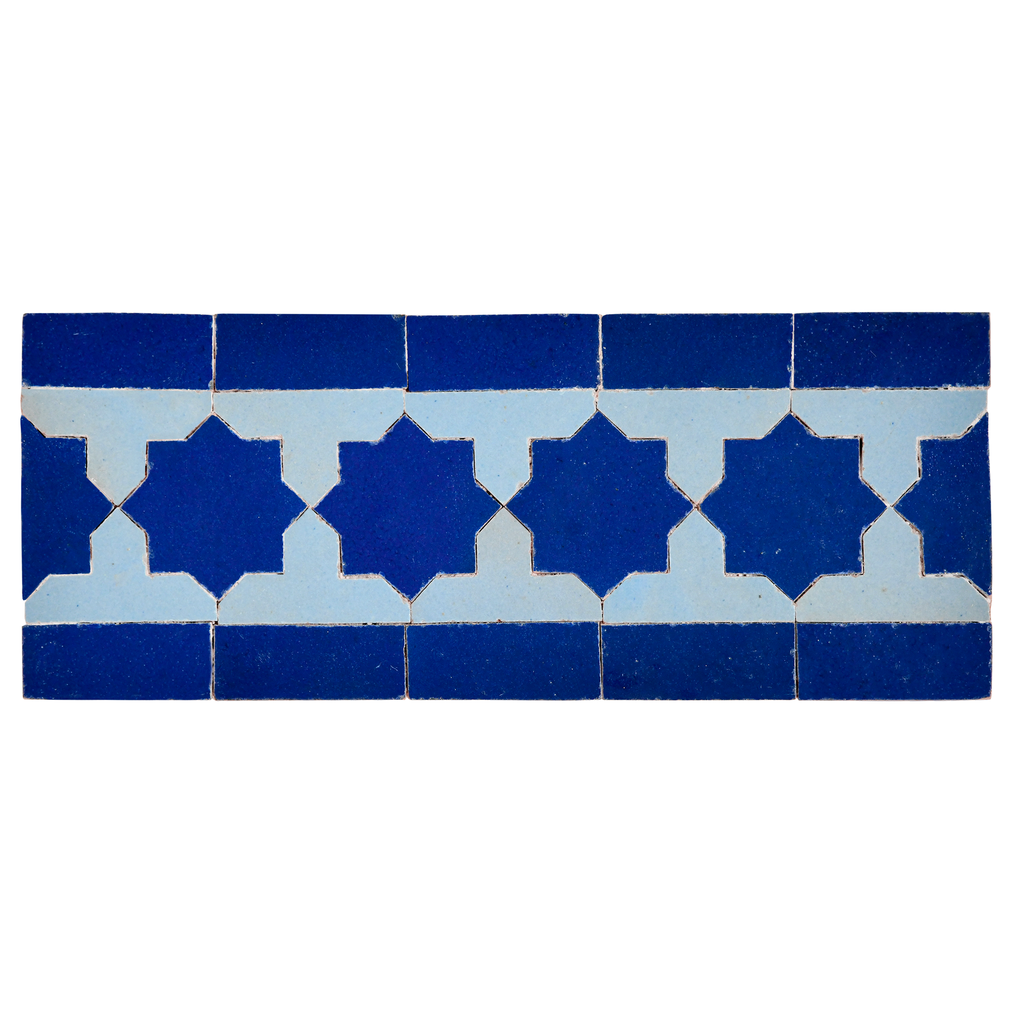 Blue and light blue tile pattern with star designs on a white background