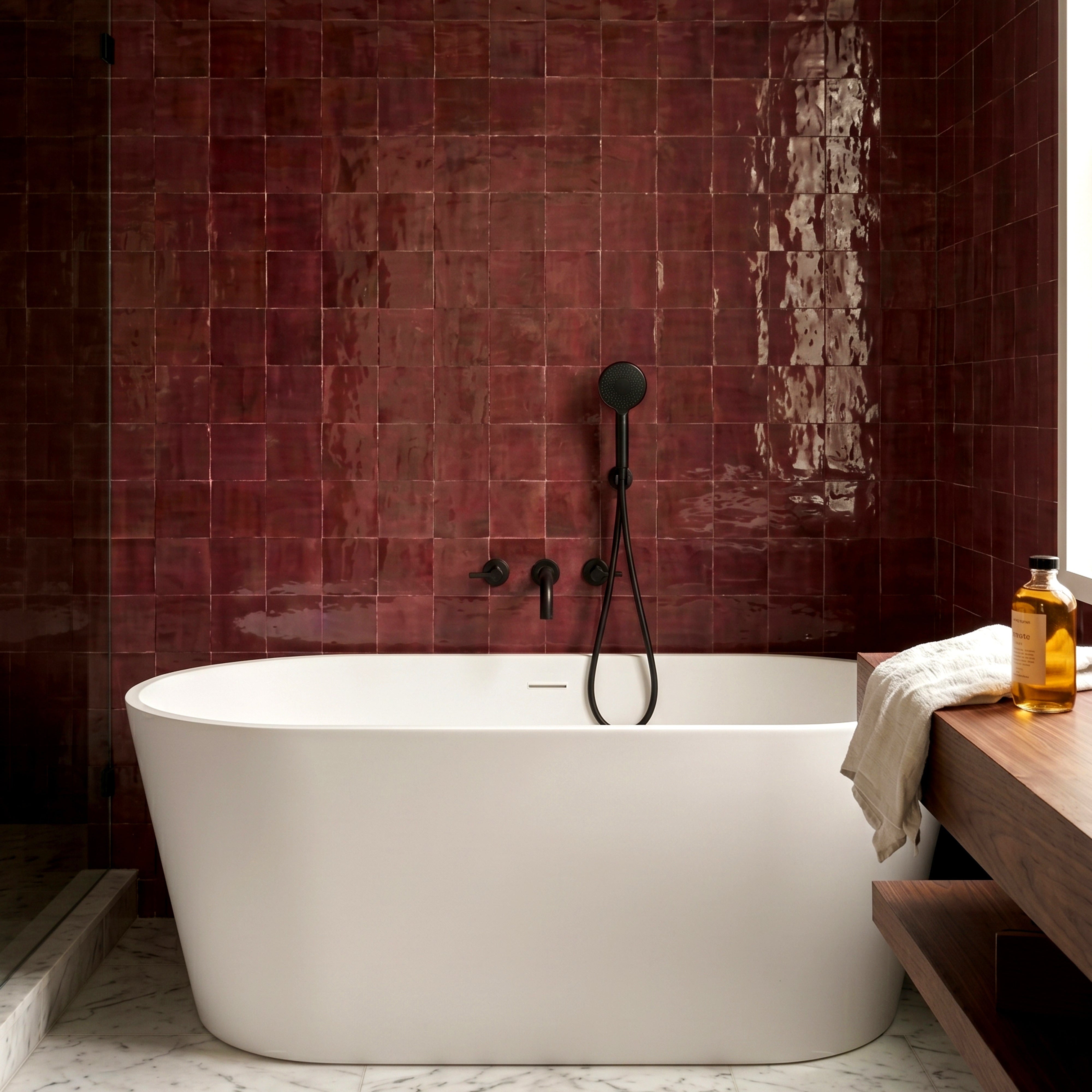 A modern freestanding white bathtub set in a bathroom with glossy dark red tiled walls and a black wall-mounted shower fixture.