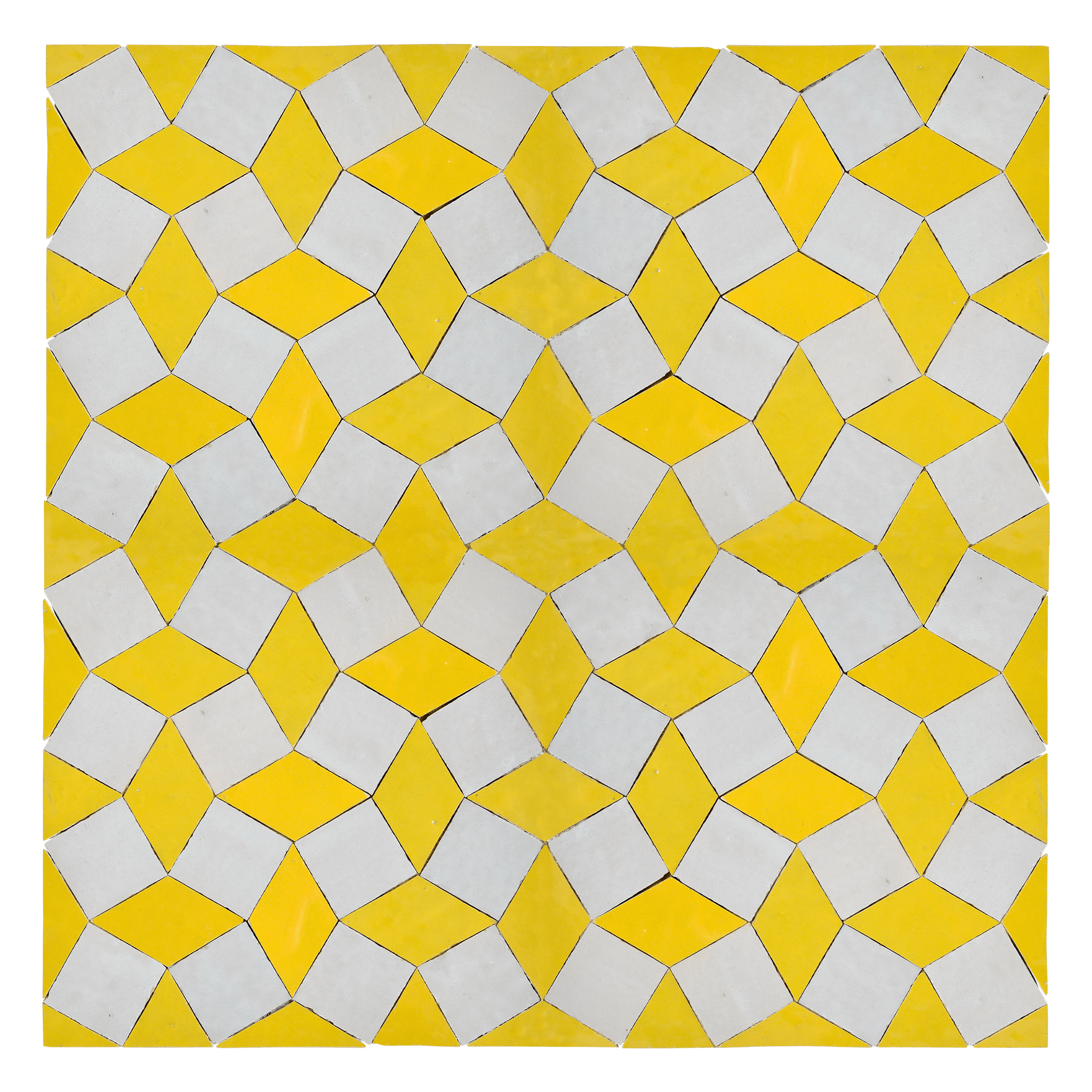Mosaic pattern of white and yellow tiles on a green background