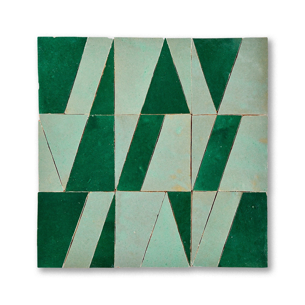 Tasmim zellige mosaic tile in Atlas Sage and Forest Green, handmade in Fez, Morocco