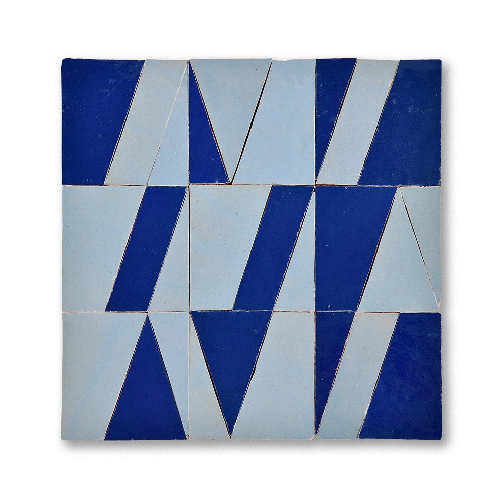 Tasmim zellige mosaic tile in London Sky and Deep Sea, handmade in Fez, Morocco