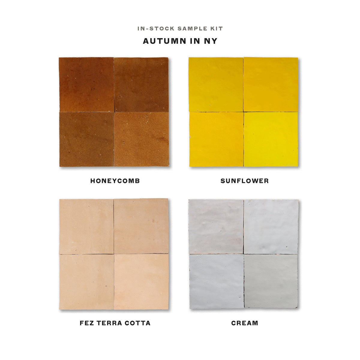 In-stock zellige sample kit, Autumn in NY: Honeycomb, Sunflower, Fez Terra Cotta and Cream 4x4 tiles