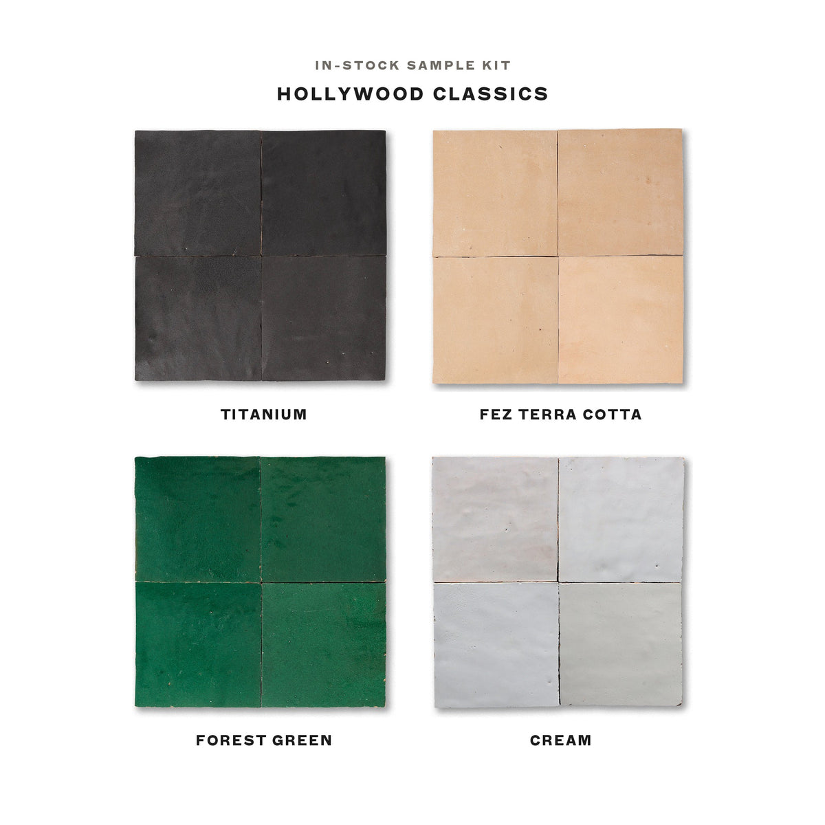 In-stock zellige sample kit, Hollywood Classics: Titanium, Fez Terra Cotta, Forest Green and Cream 4x4 tiles