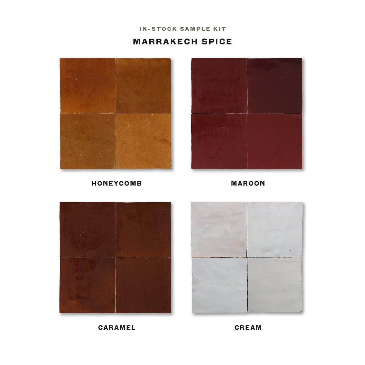 In-stock zellige sample kit, Marrakech Spice: Honeycomb, Maroon, Caramel and Cream 4x4 tiles