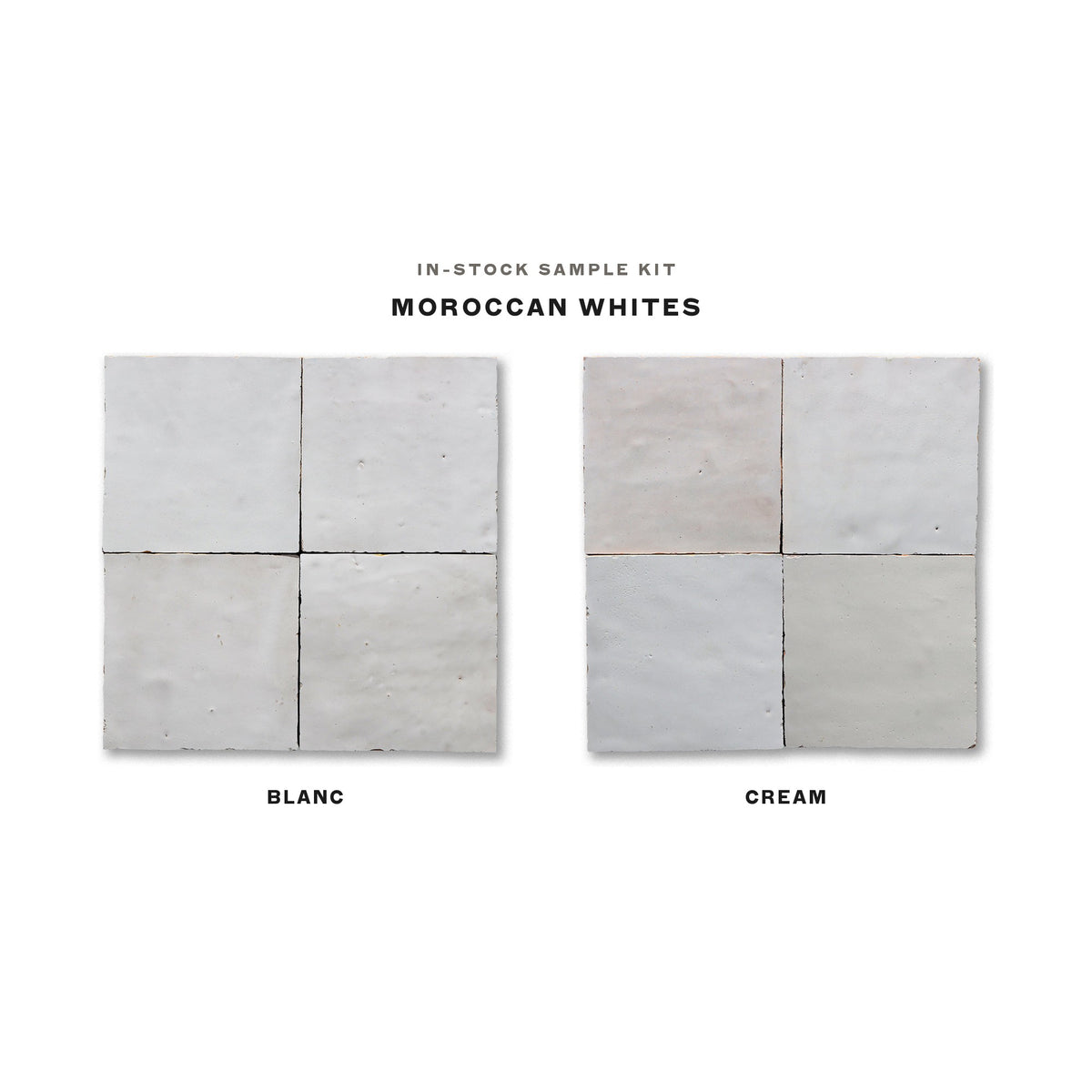 In-stock zellige sample kit, Moroccan Whites: Blanc and Cream 4x4 tiles
