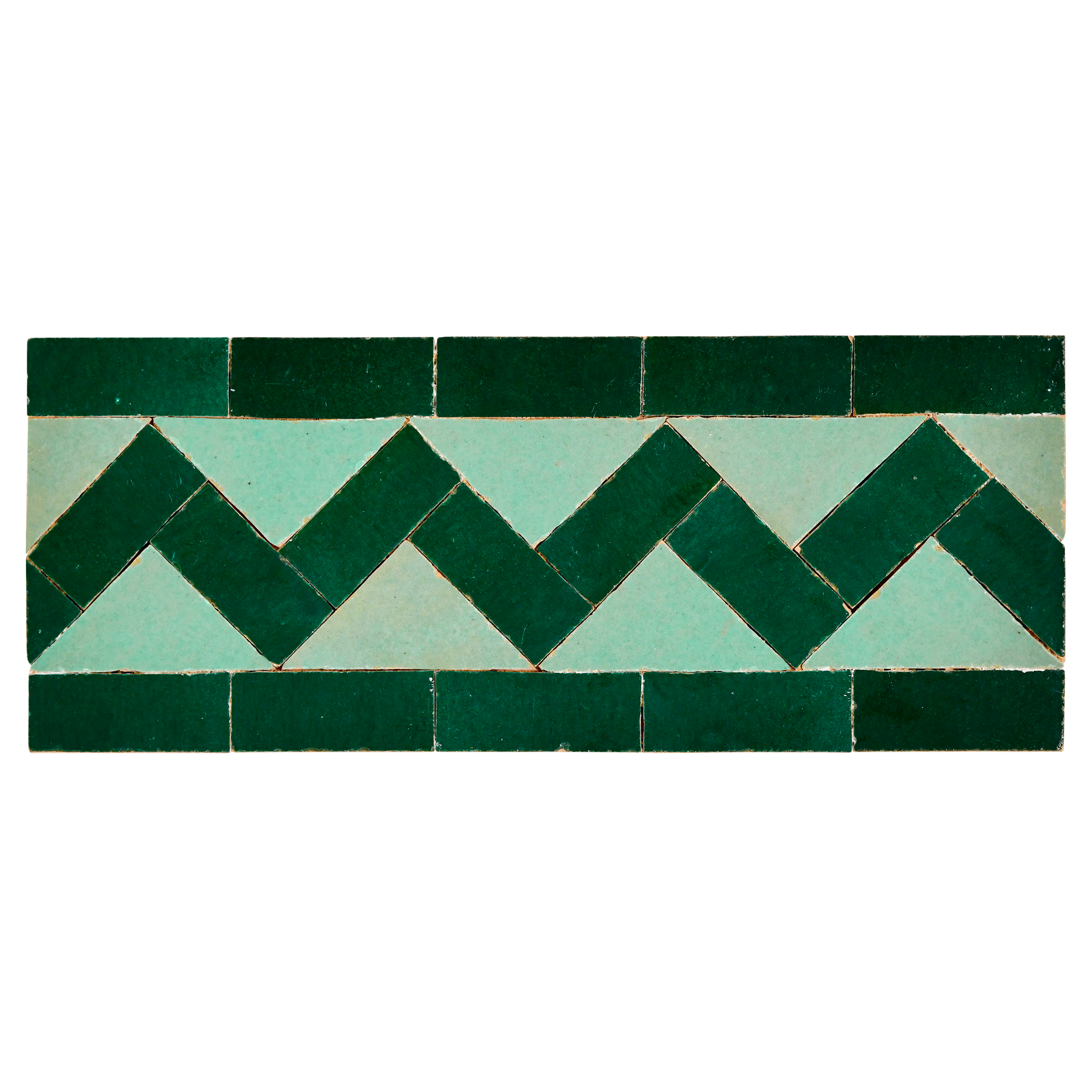 Two green and teal ceramic tiles with a chevron pattern on a white background