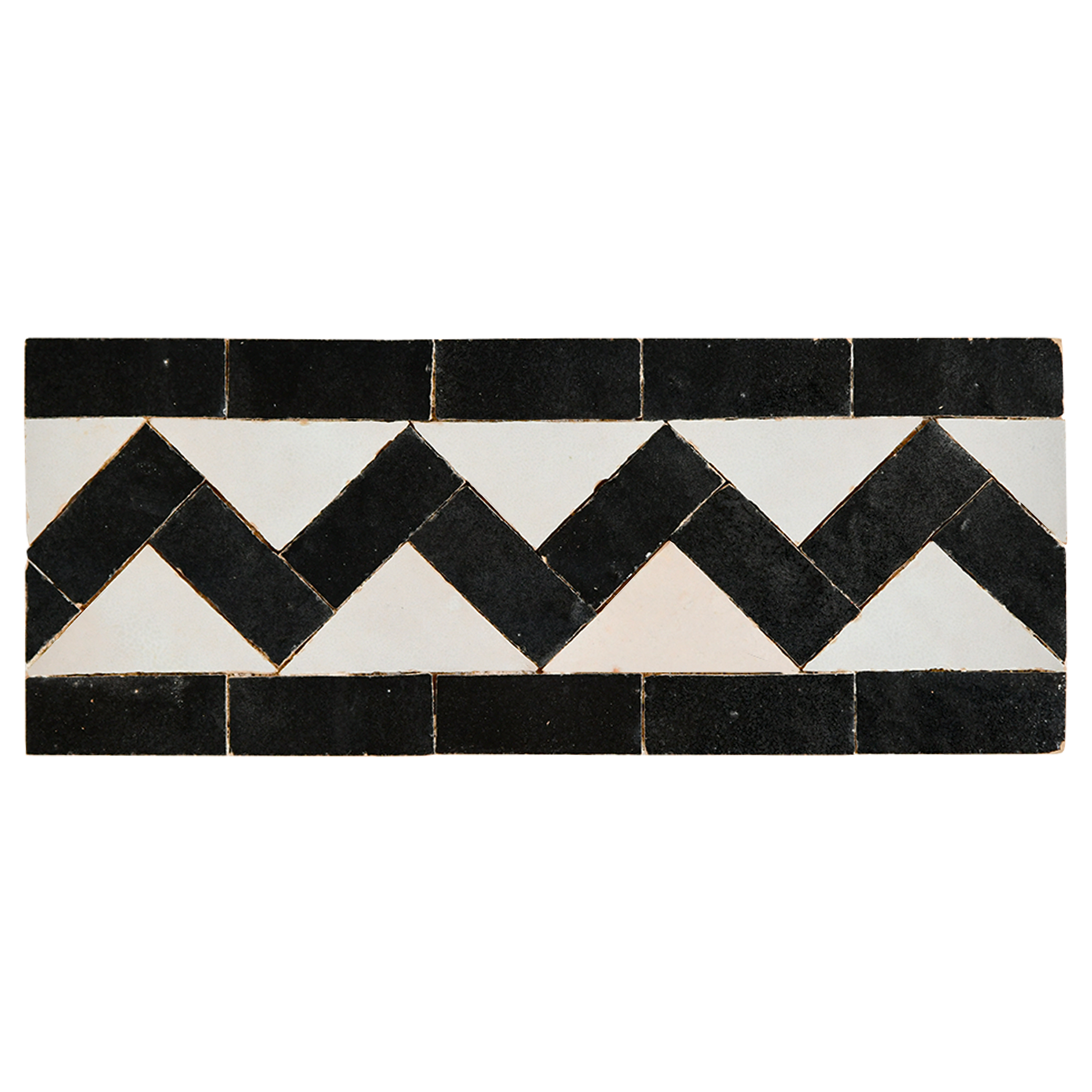 Black and white chevron patterned tile on a white background