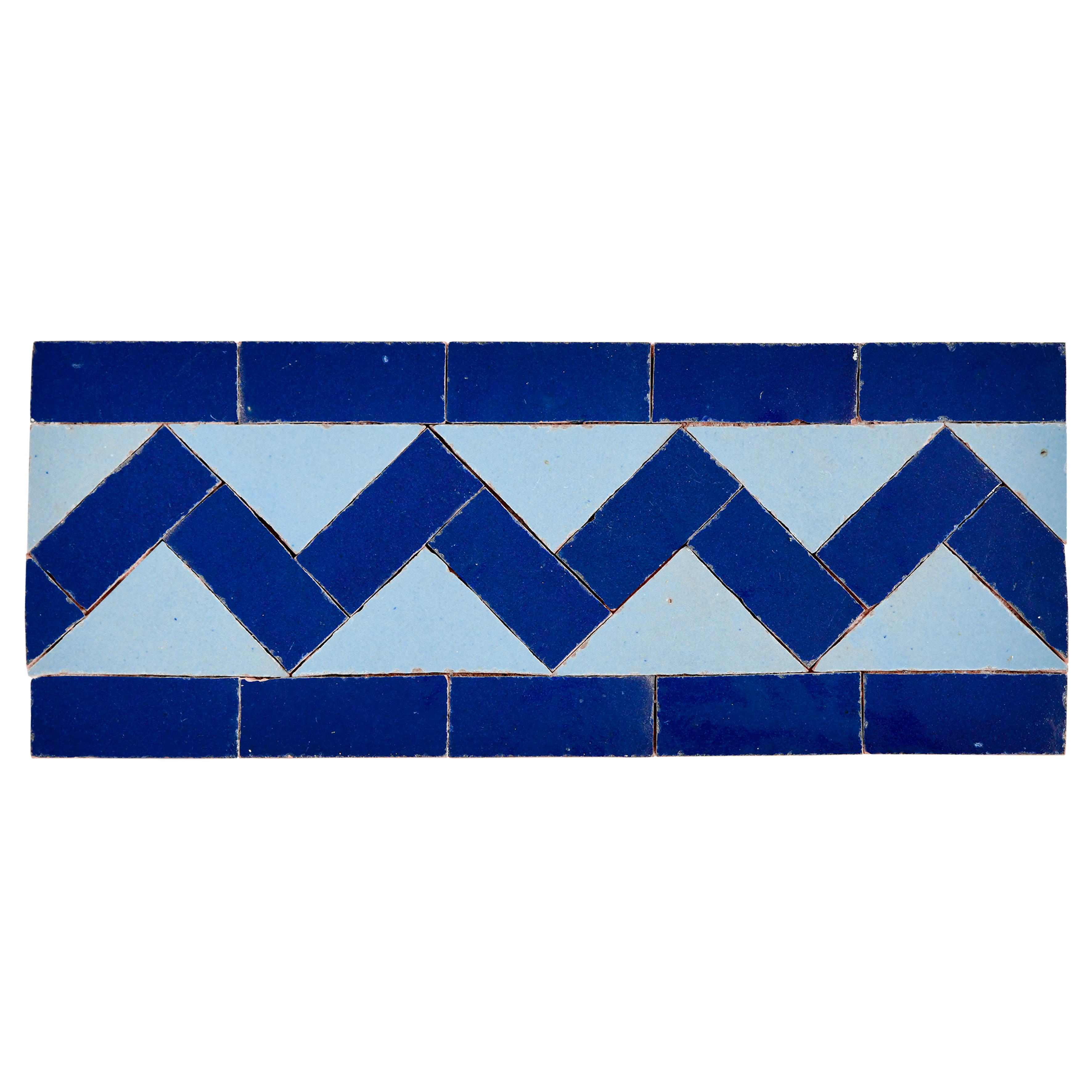 Tile with blue and light blue chevron pattern on a white background