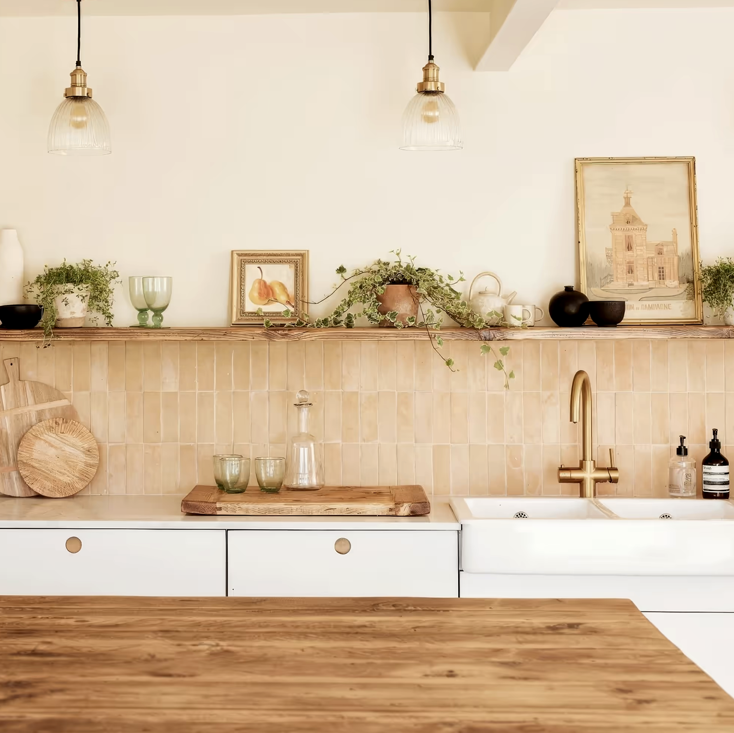 Modern kitchen with wooden countertop, white cabinets, and decorative elements.