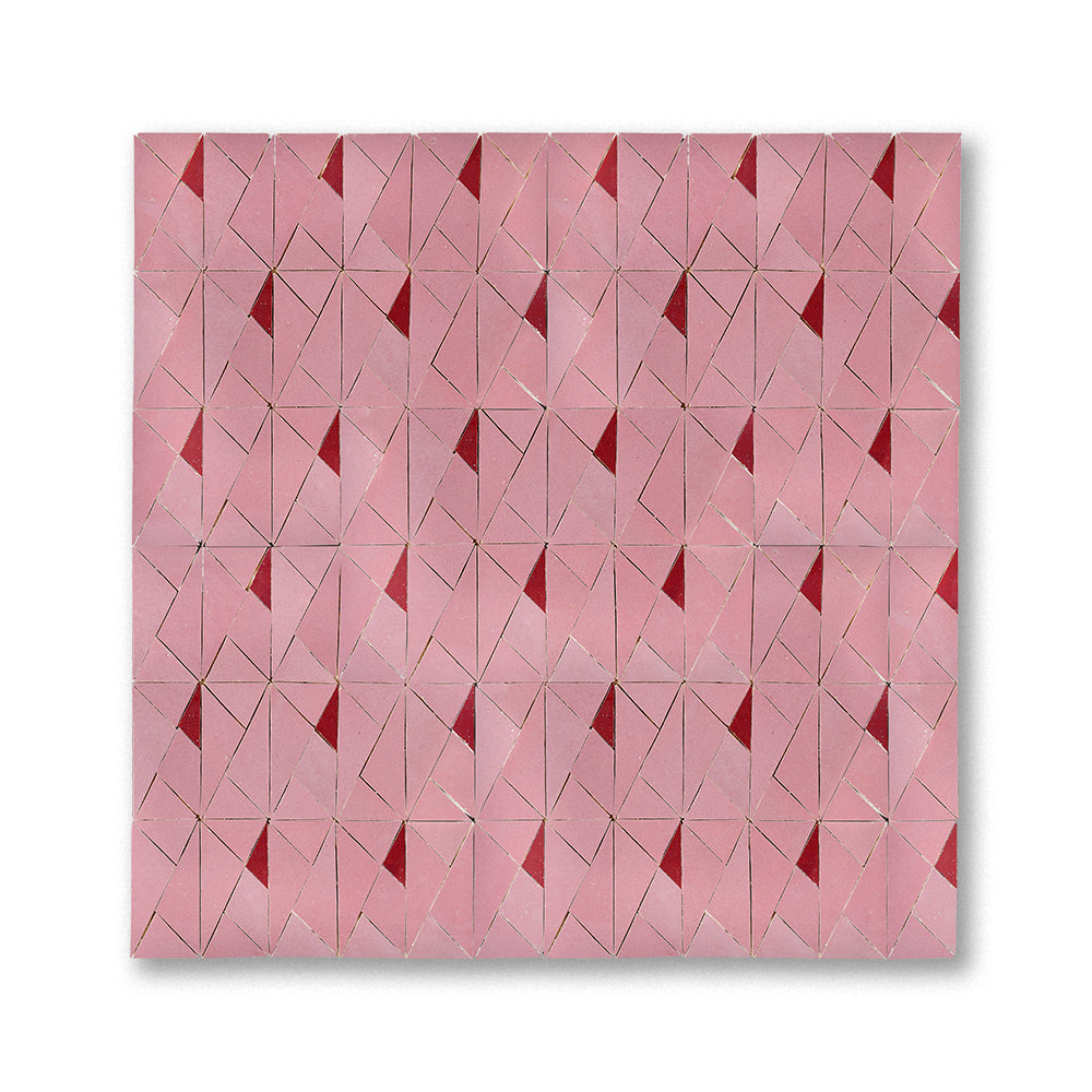 Los Feliz and Maroon Pyramidion zellige mosaic installed, faceted three-dimensional effect