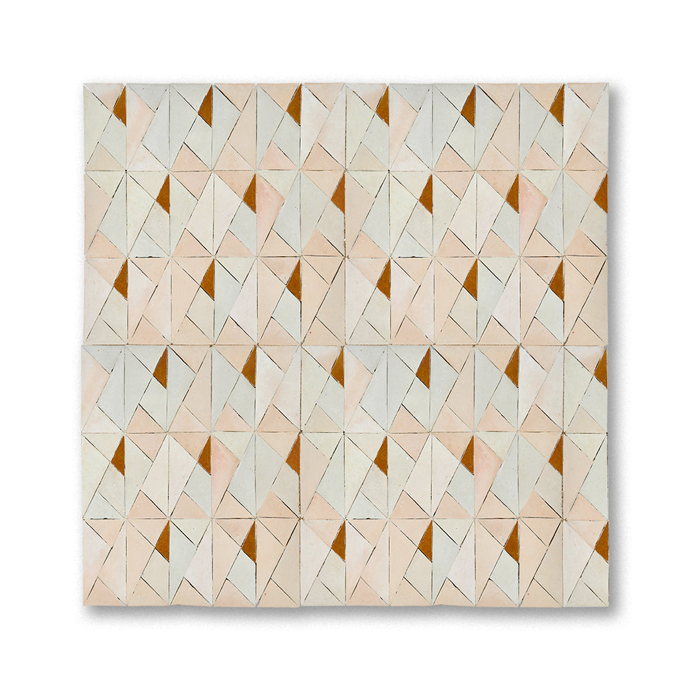 Fez Terra Cotta and Honeycomb Pyramidion zellige mosaic installed, warm faceted pattern