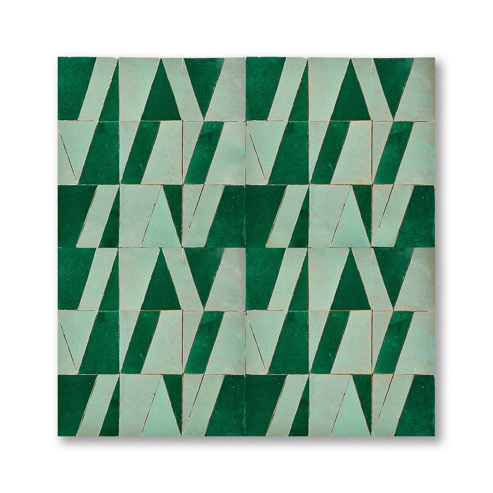 Atlas Sage and Forest Green Tasmim zellige mosaic installed, two-green geometric pattern