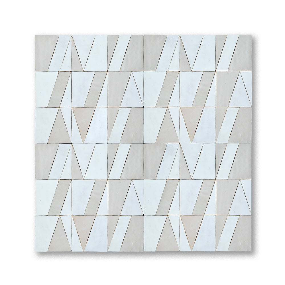 Blanc and Cream Tasmim zellige mosaic installed, tone-on-tone geometric pattern