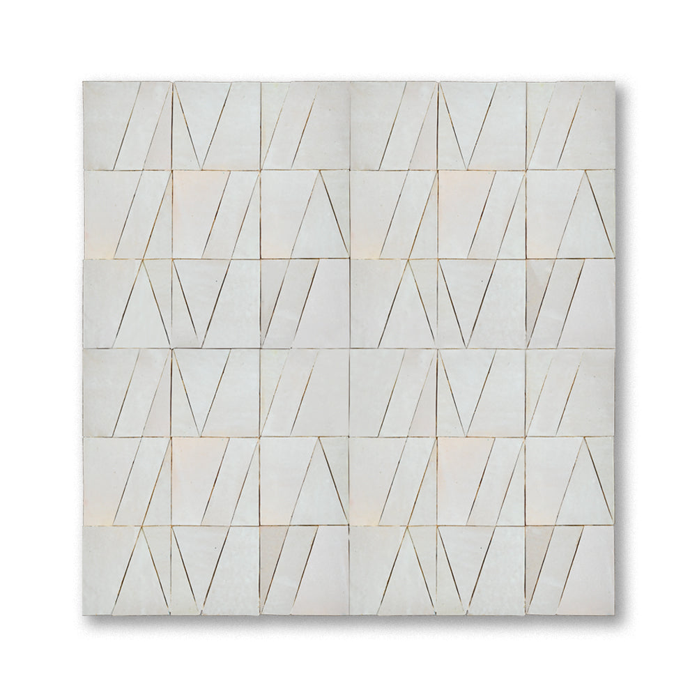 Tasmim mosaic tile sheet in Cream showing triangle and trapezoid composition