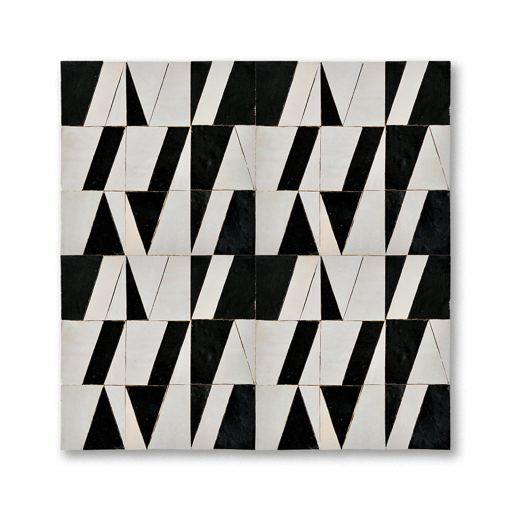 Cream and Titanium Tasmim zellige mosaic installed, high-contrast geometric pattern