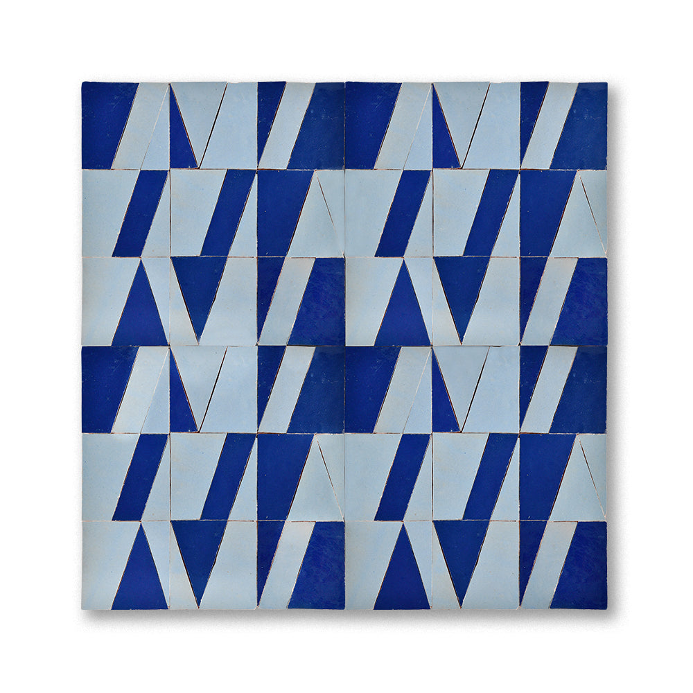 London Sky and Deep Sea Tasmim zellige mosaic installed, two-blue geometric pattern