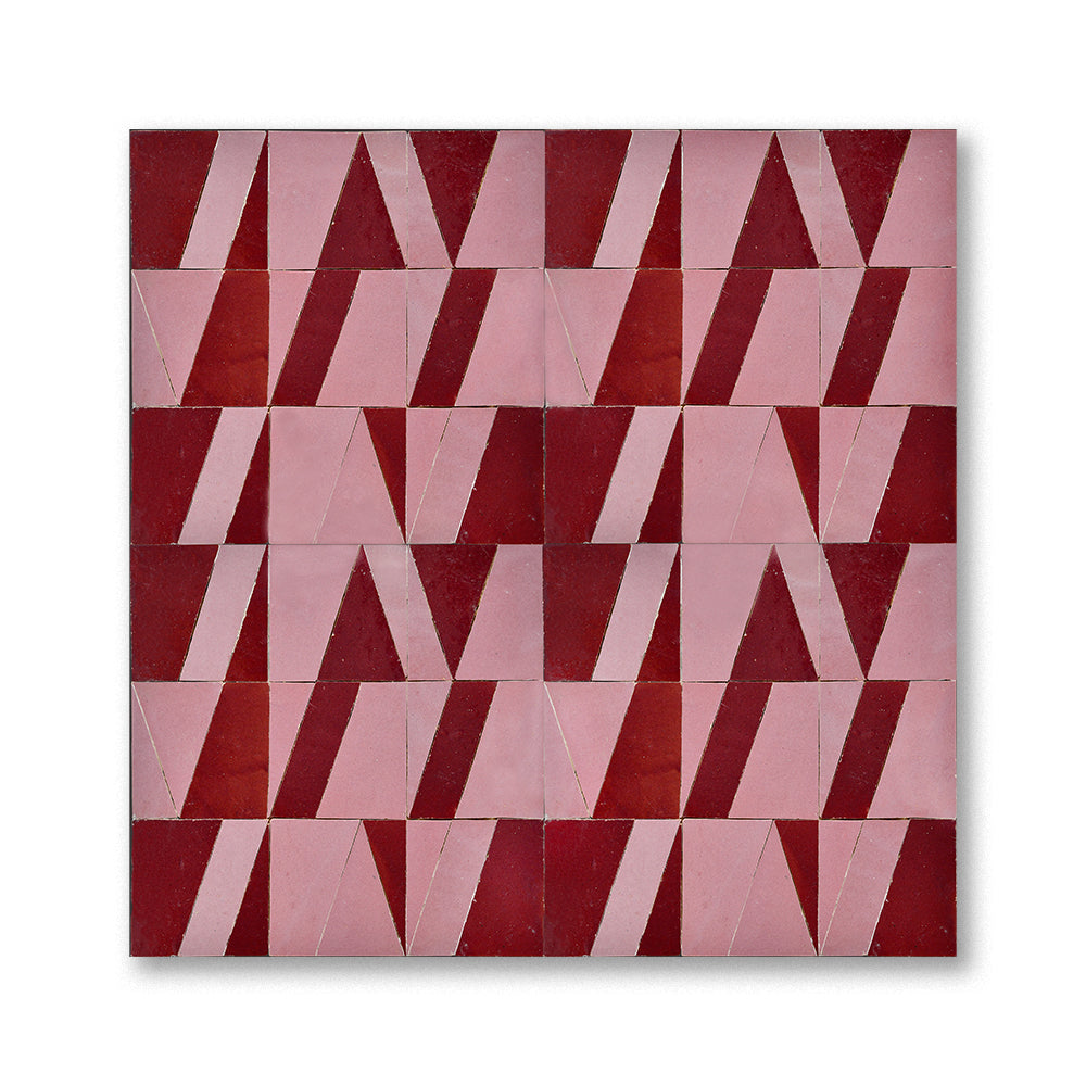 Los Feliz and Maroon Tasmim zellige mosaic installed, two-color geometric pattern