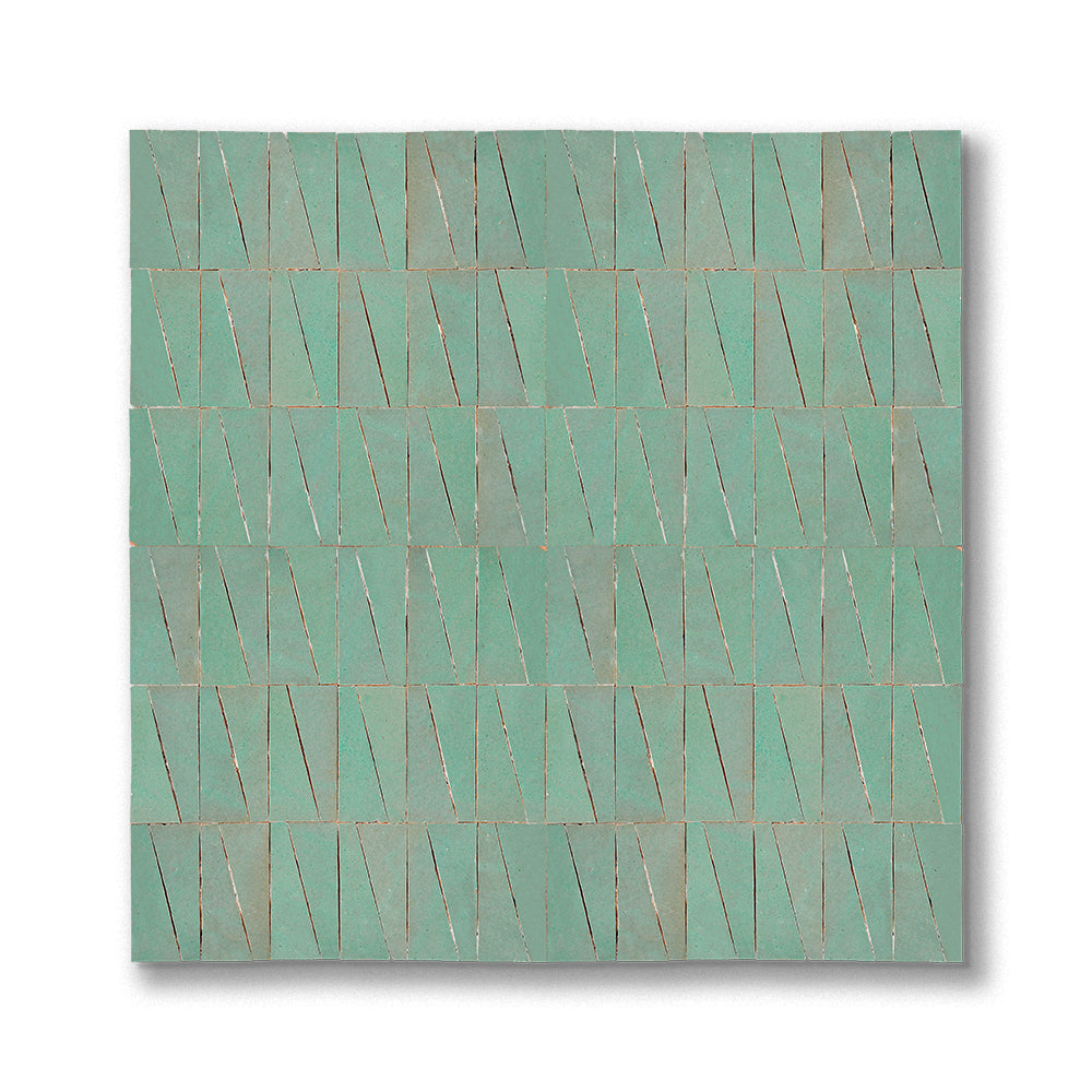 Atlas Sage zellige mosaic installed in a geometric trapezoid pattern