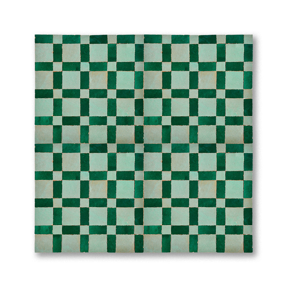 Green zellige mosaic rug with geometric pattern