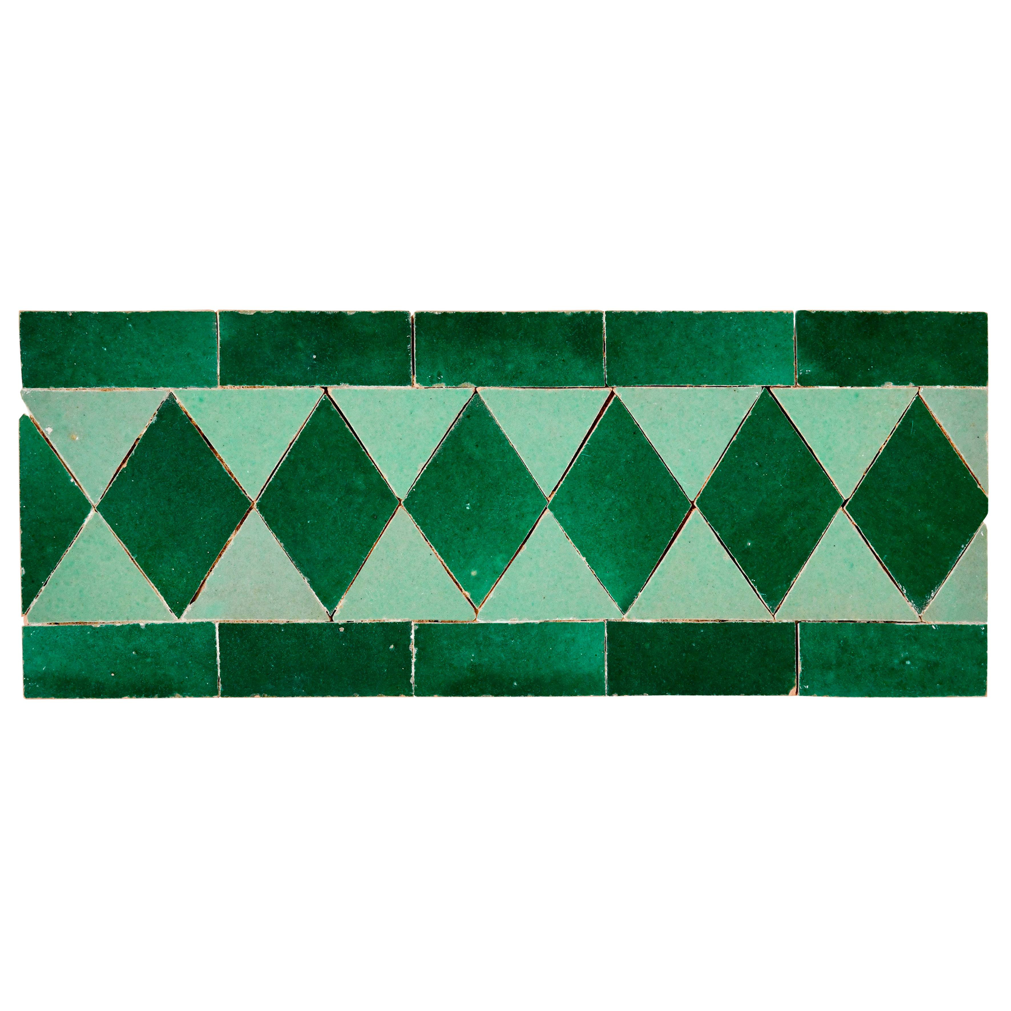 Green and teal diamond patterned tile on a white background