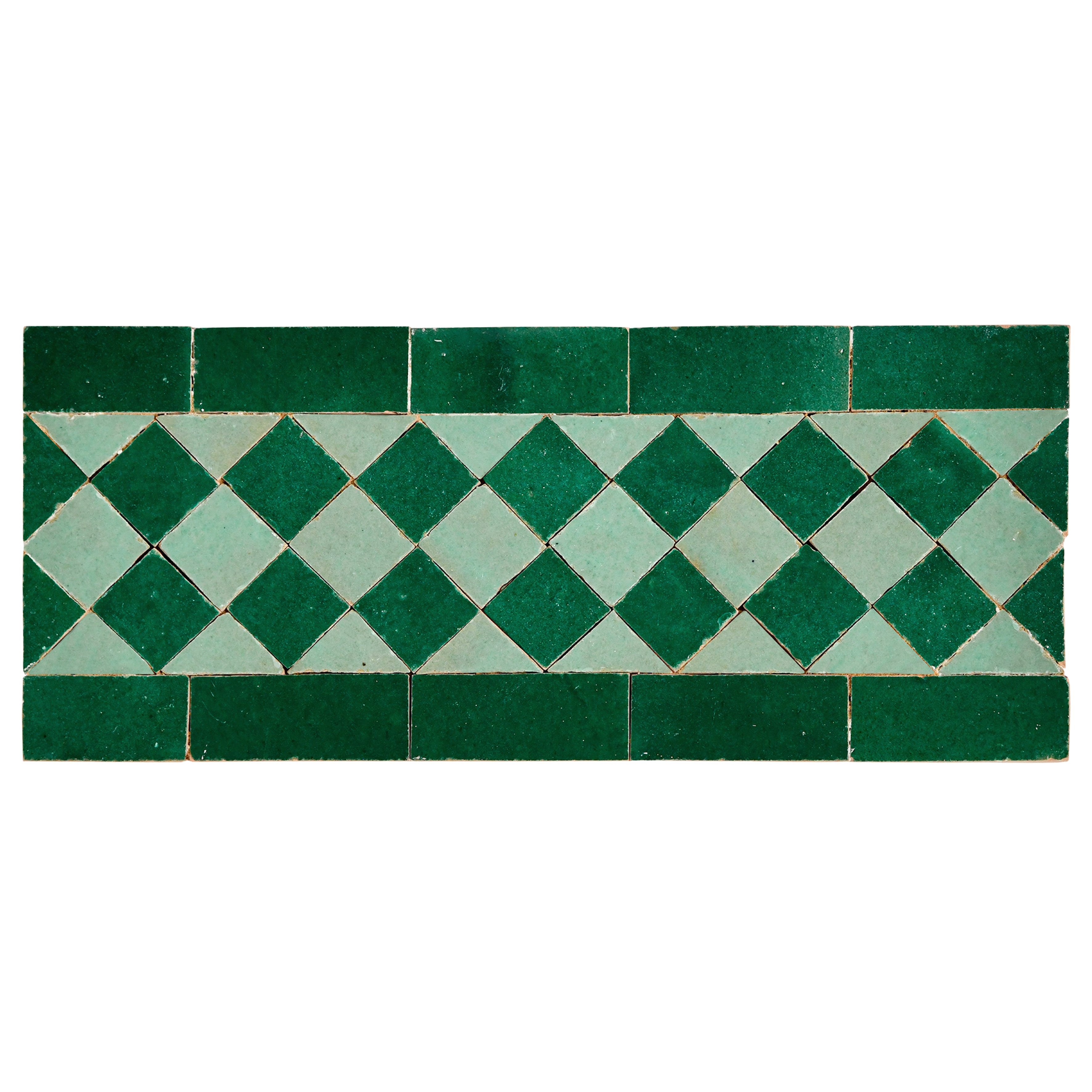 Patterned tile with green and blue diamond design on a white background
