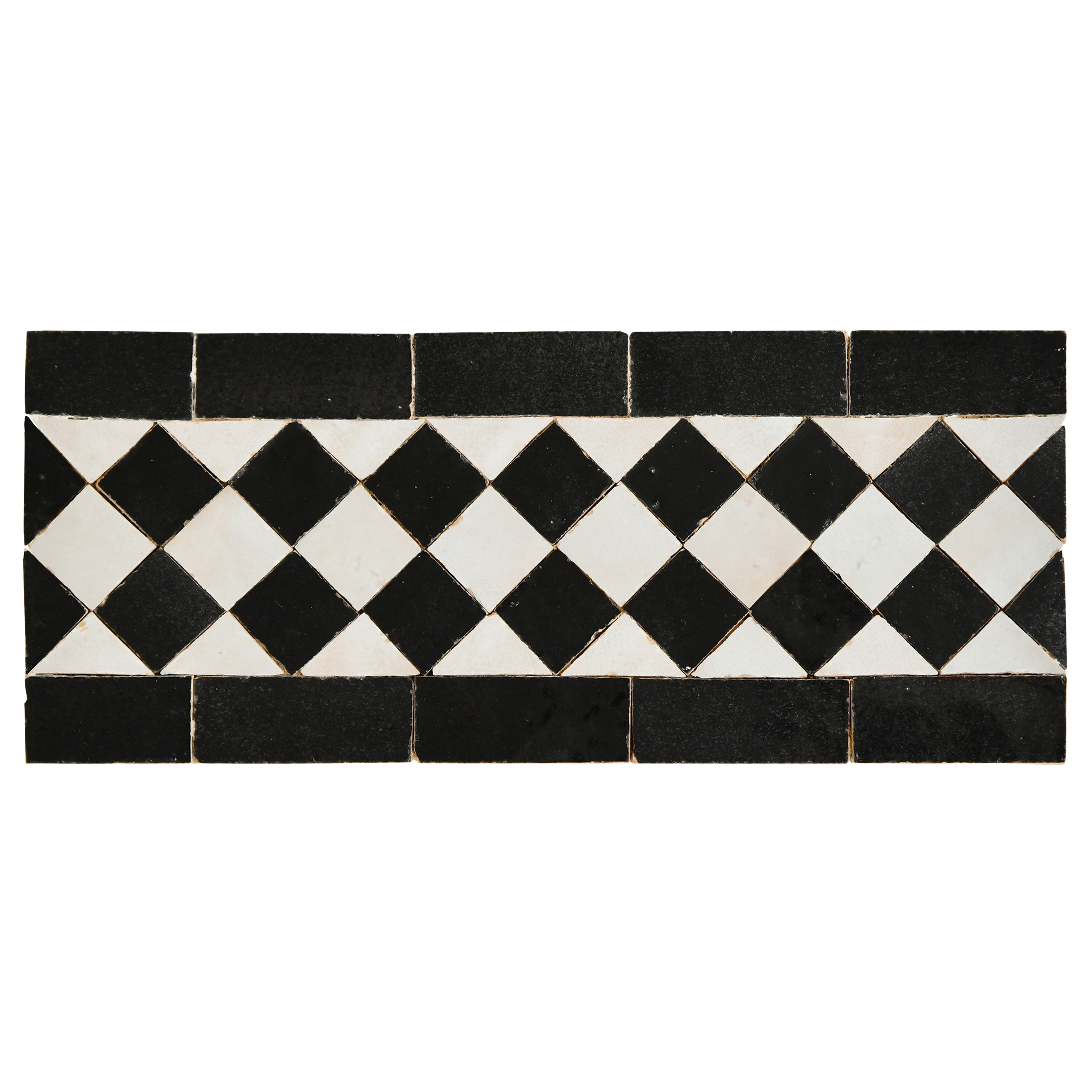 Black and white diamond patterned tile border on a white background