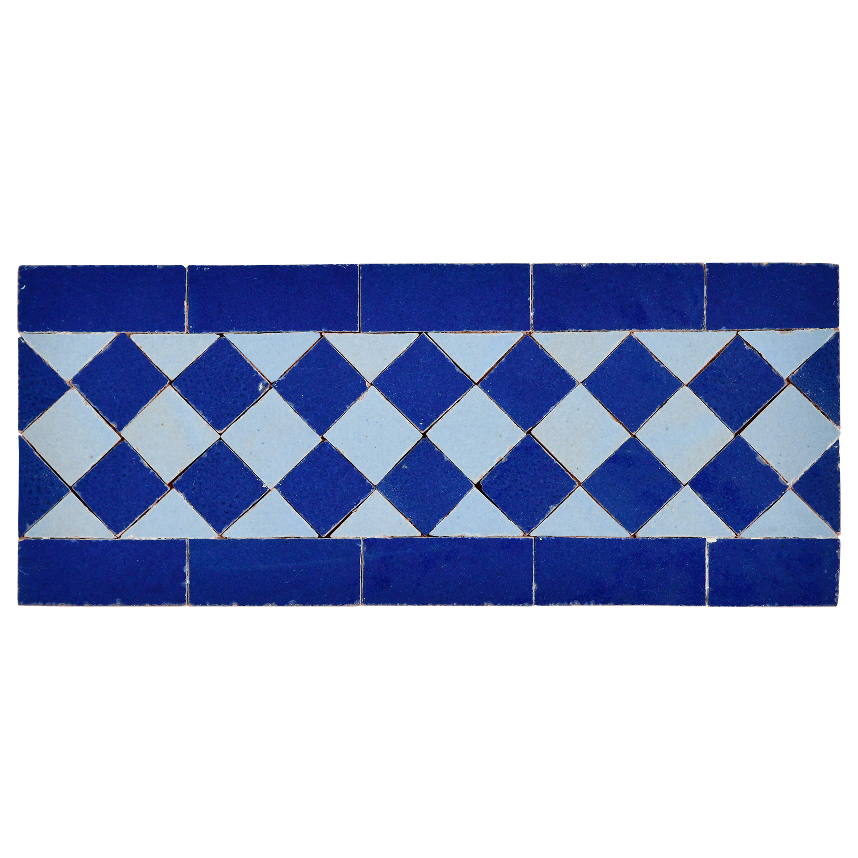 Rectangular tile with blue and light blue diamond pattern on a white background