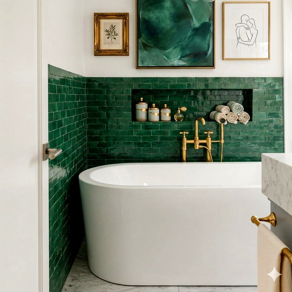 A modern bathroom corner featuring a white freestanding bathtub set against a glossy dark green subway tile backsplash. The wall above is white and decorated with three framed artworks, including a prominent abstract green print.