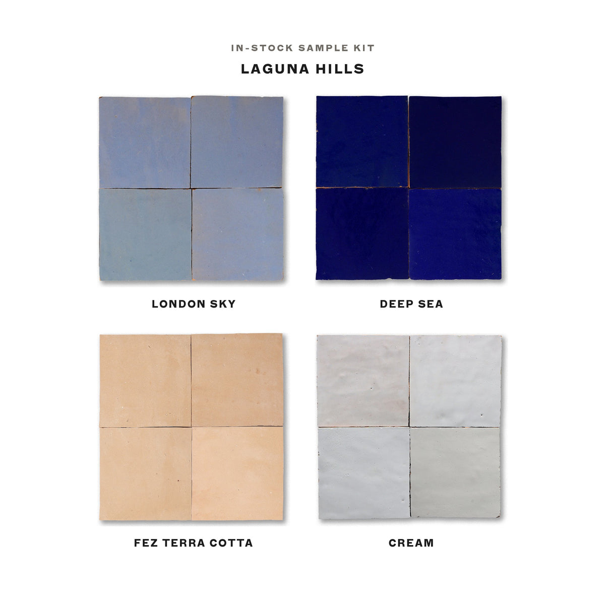 In-stock zellige sample kit, Laguna Hills: London Sky, Deep Sea, Fez Terra Cotta and Cream 4x4 tiles