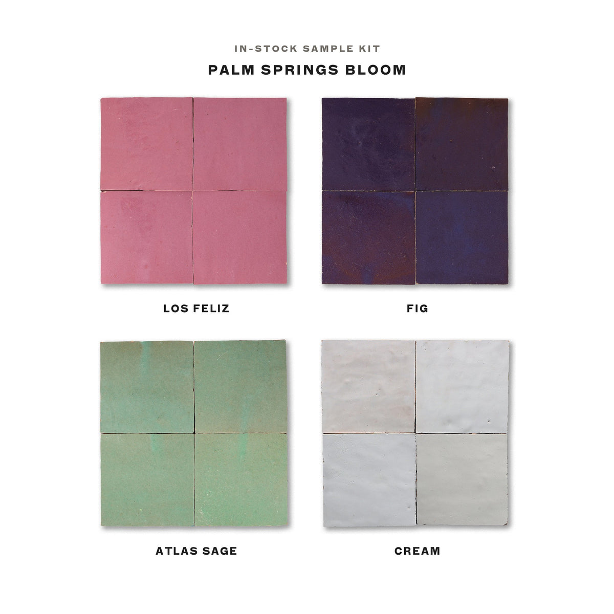 In-stock zellige sample kit, Palm Springs Bloom: Los Feliz, Fig, Atlas Sage and Cream 4x4 tiles