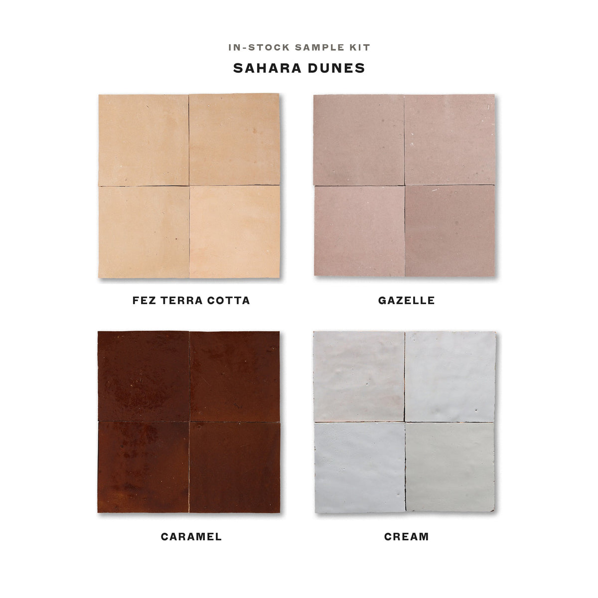 In-stock zellige sample kit, Sahara Dunes: Fez Terra Cotta, Gazelle, Caramel and Cream 4x4 tiles